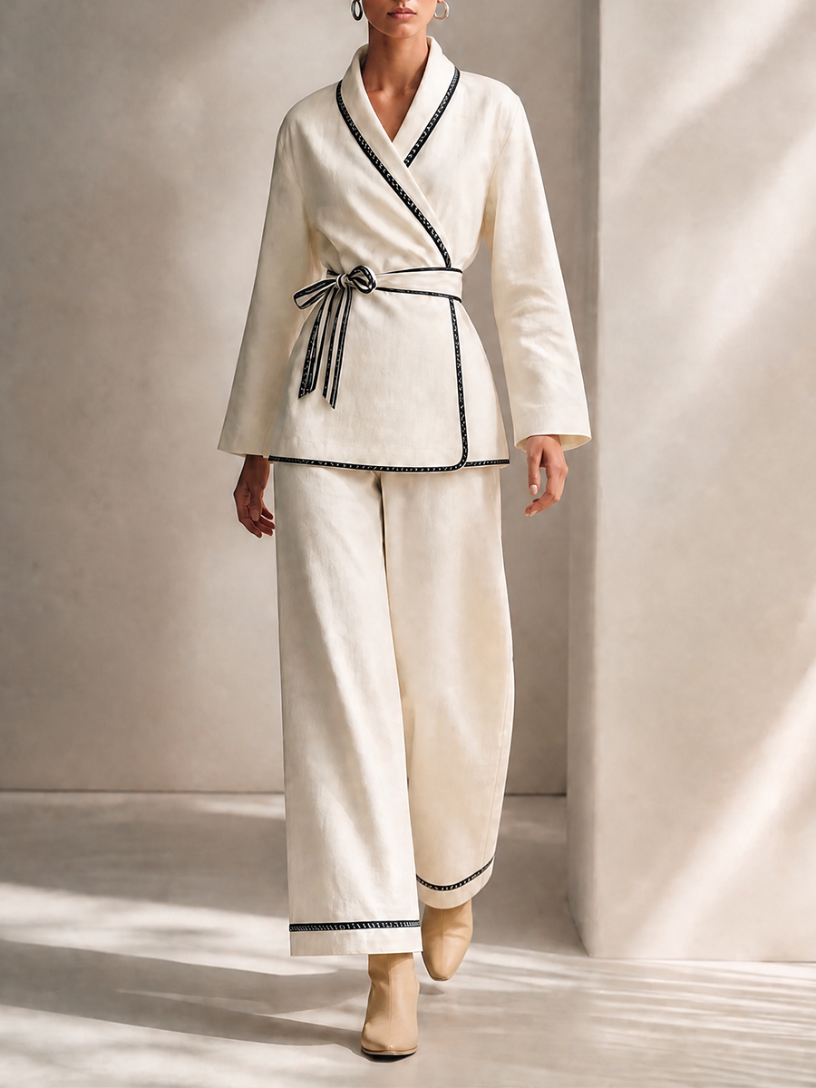 Women's Contrast-Trim Belted Wrap Top And Wide-Leg Pants Two-Piece Set MDZ2590H4CMX