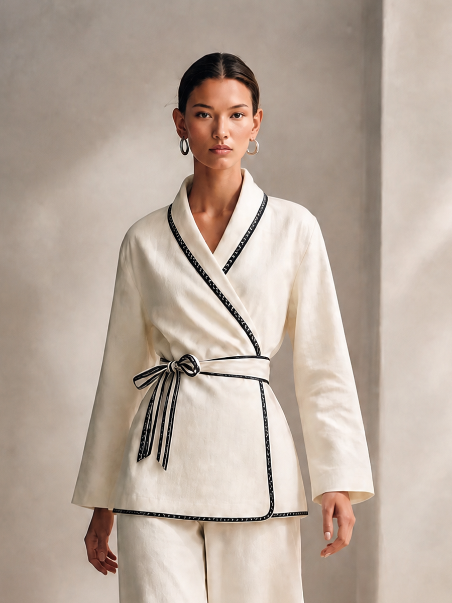 Women's Contrast-Trim Belted Wrap Top And Wide-Leg Pants Two-Piece Set MDZ2590H4CMX