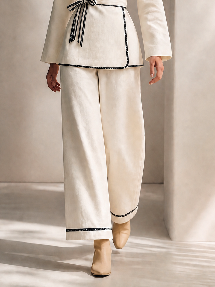 Women's Contrast-Trim Belted Wrap Top And Wide-Leg Pants Two-Piece Set MDZ2590H4CMX