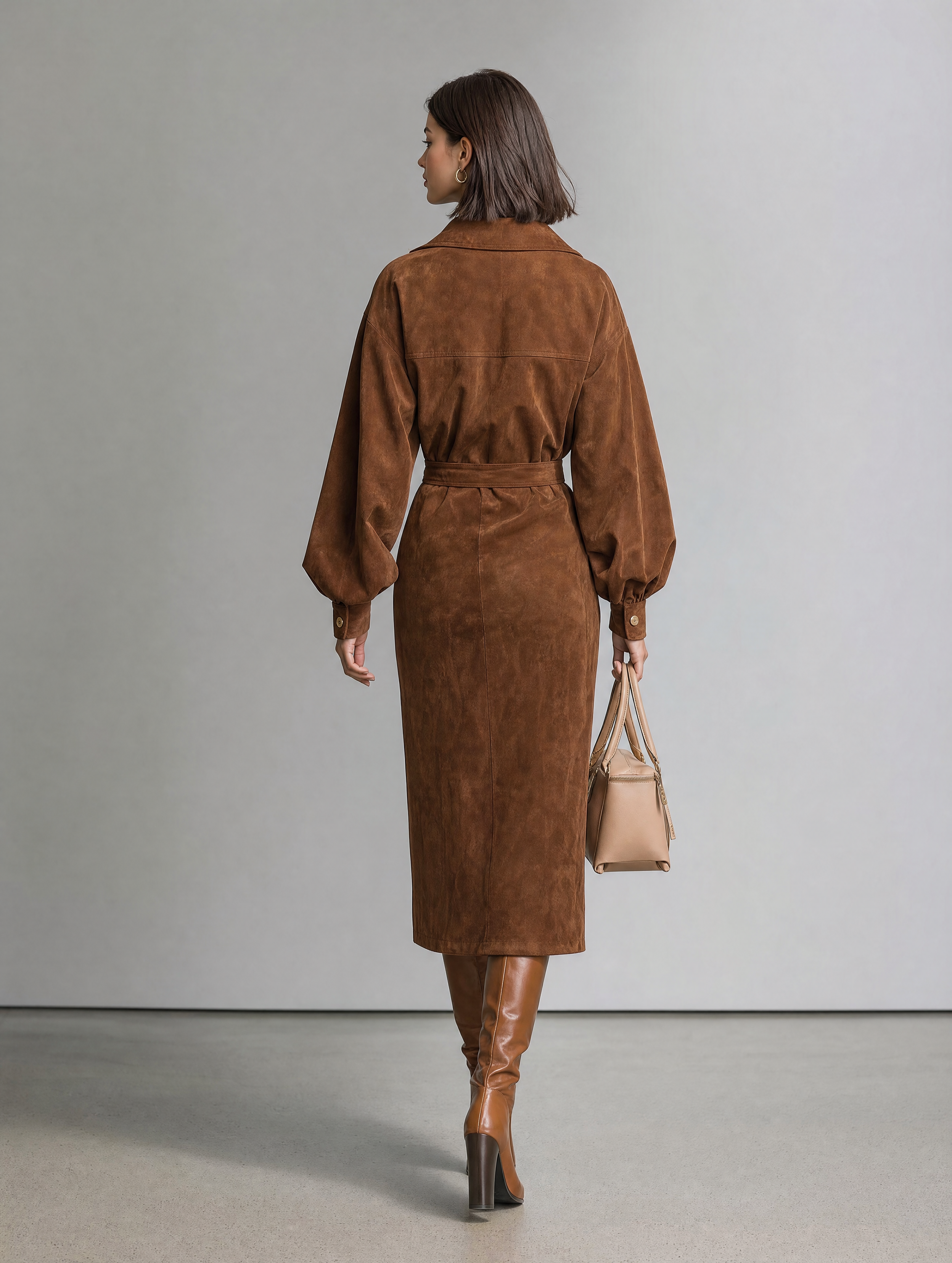 Women's Casual Brown Suede Long-Sleeve Midi Dress MDZ2729H7LXY