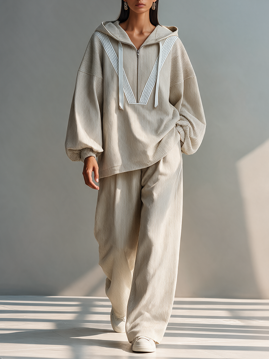 Women's Hooded Half-Zip Drop-Shoulder Oversized Pullover And Wide-Leg Pants Two-Piece Set MDZ2588H1CMX