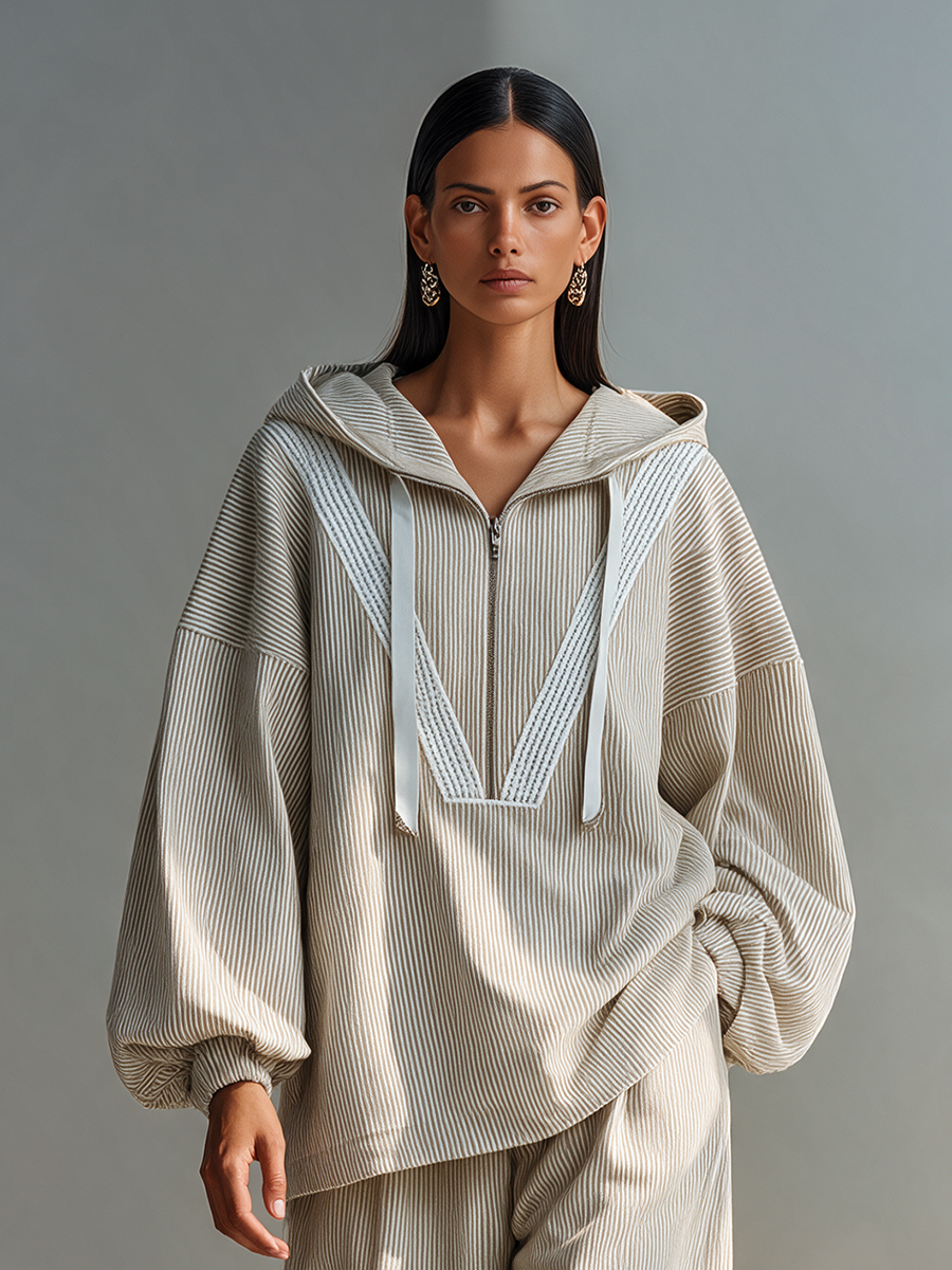 Women's Hooded Half-Zip Drop-Shoulder Oversized Pullover And Wide-Leg Pants Two-Piece Set MDZ2588H1CMX