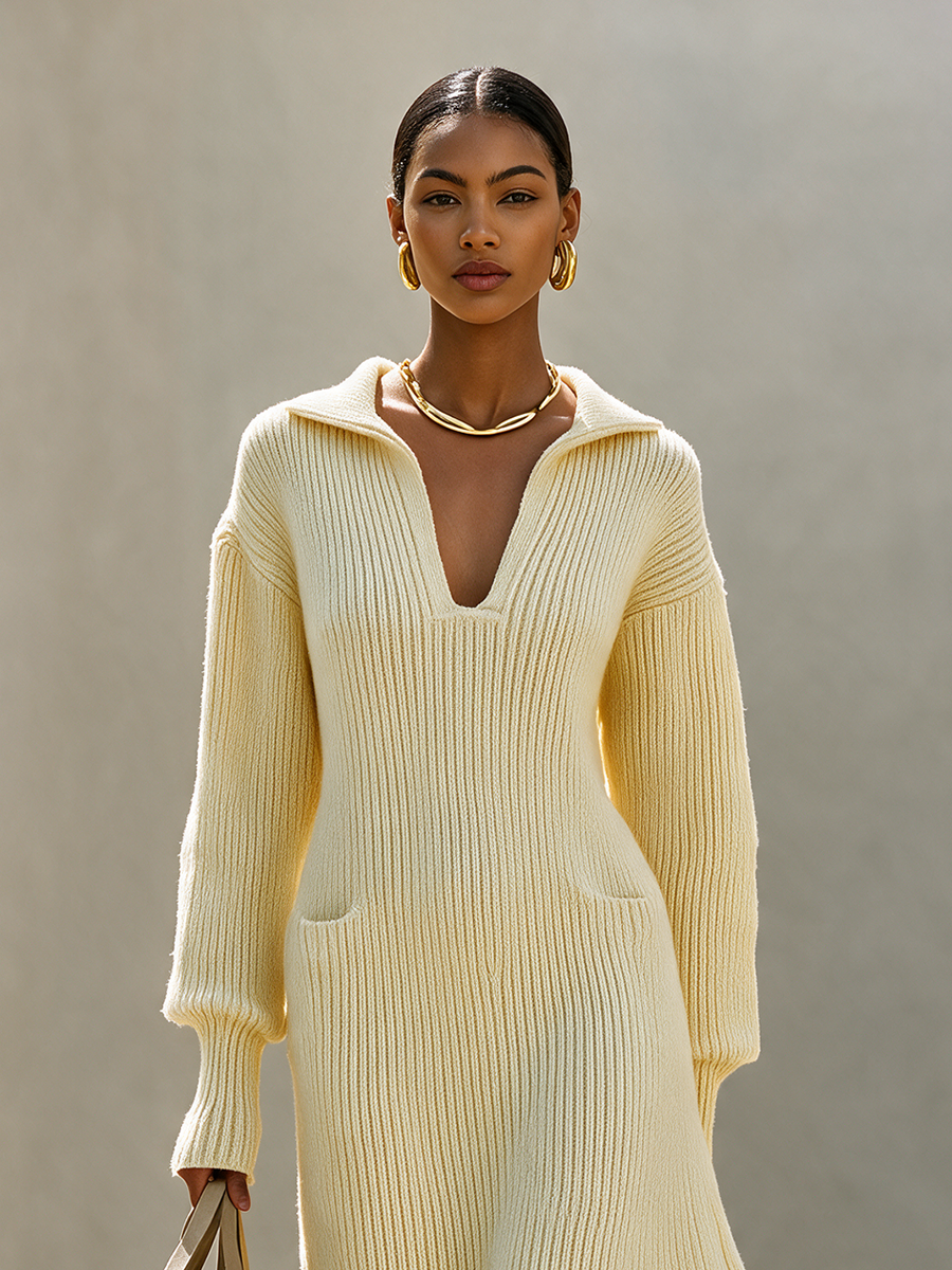 Women's Johnny Collar V-Neck Drop-Shoulder Long-Sleeve Pocket A-Line Midi Dress MDZ2518H6CMX