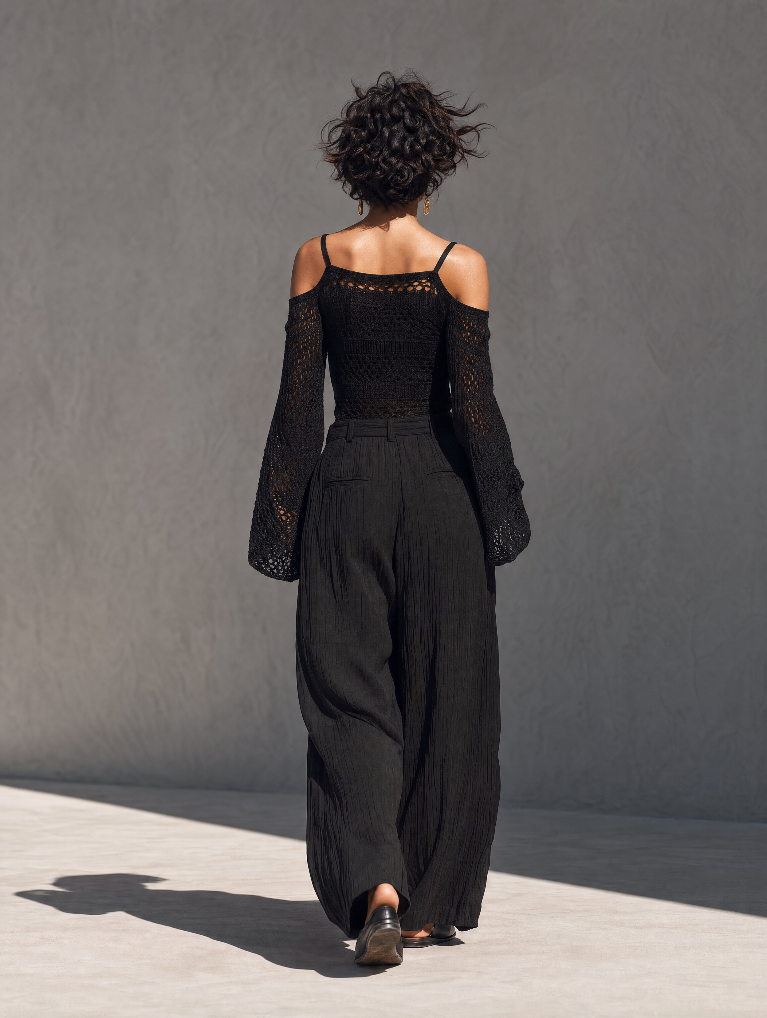 Women's Casual Black Long-Sleeve Knit Top With Cut-Out Details And Woven Pleated Trousers Two-Piece Set MDZ2750H3LXY