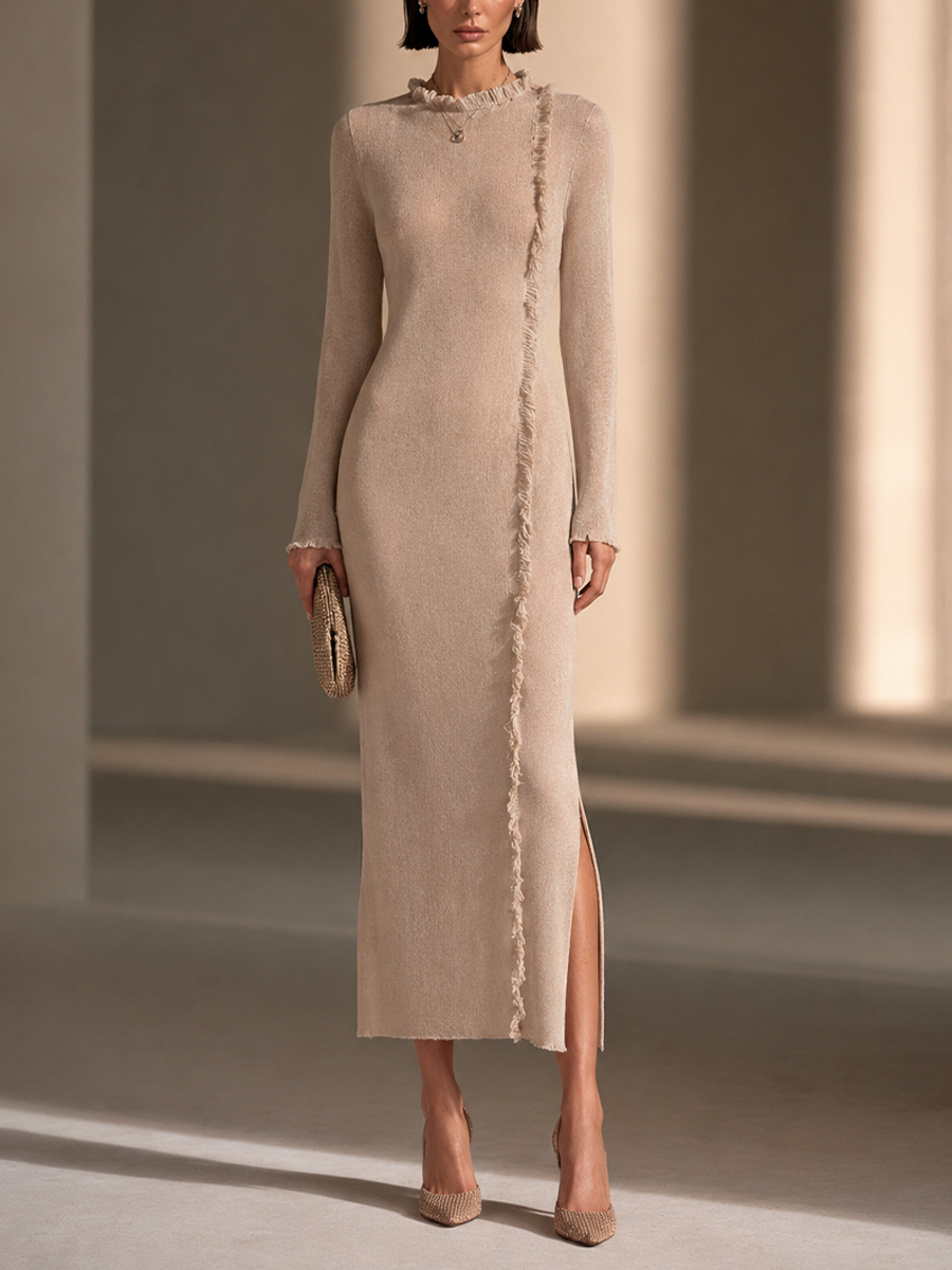 Women's Frayed Trim Elegant Knit Side Slit Maxi Dress MDZ2793H9GMJ