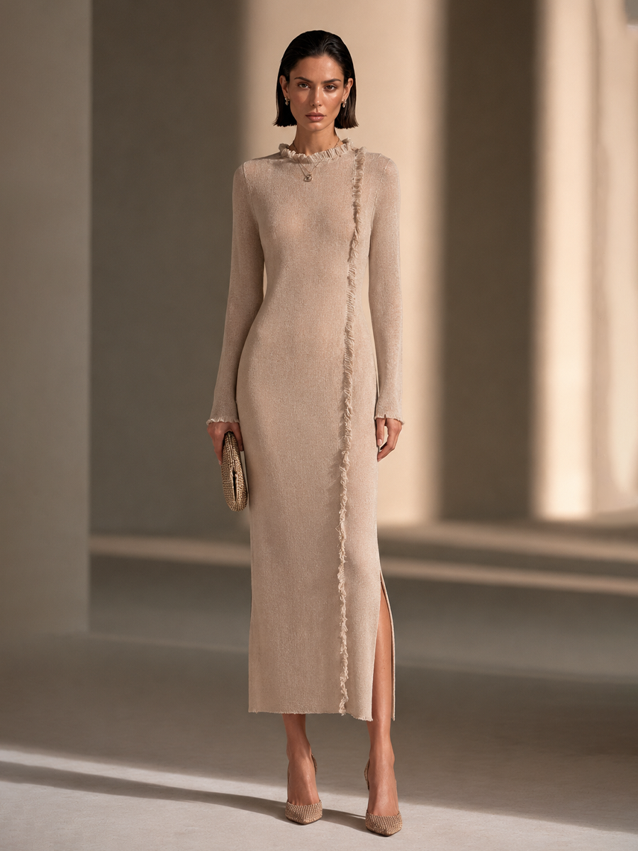 Women's Frayed Trim Elegant Knit Side Slit Maxi Dress MDZ2793H9GMJ