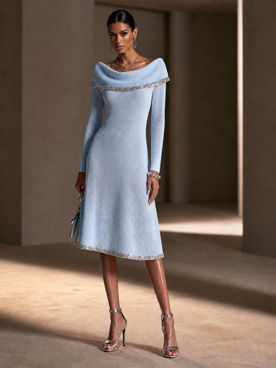 Women's Sequin Trim Elegant Knit Off-Shoulder Midi Dress MDZ2705H0GMJ