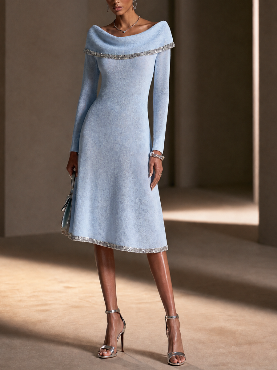 Women's Sequin Trim Elegant Knit Off-Shoulder Midi Dress MDZ2705H0GMJ