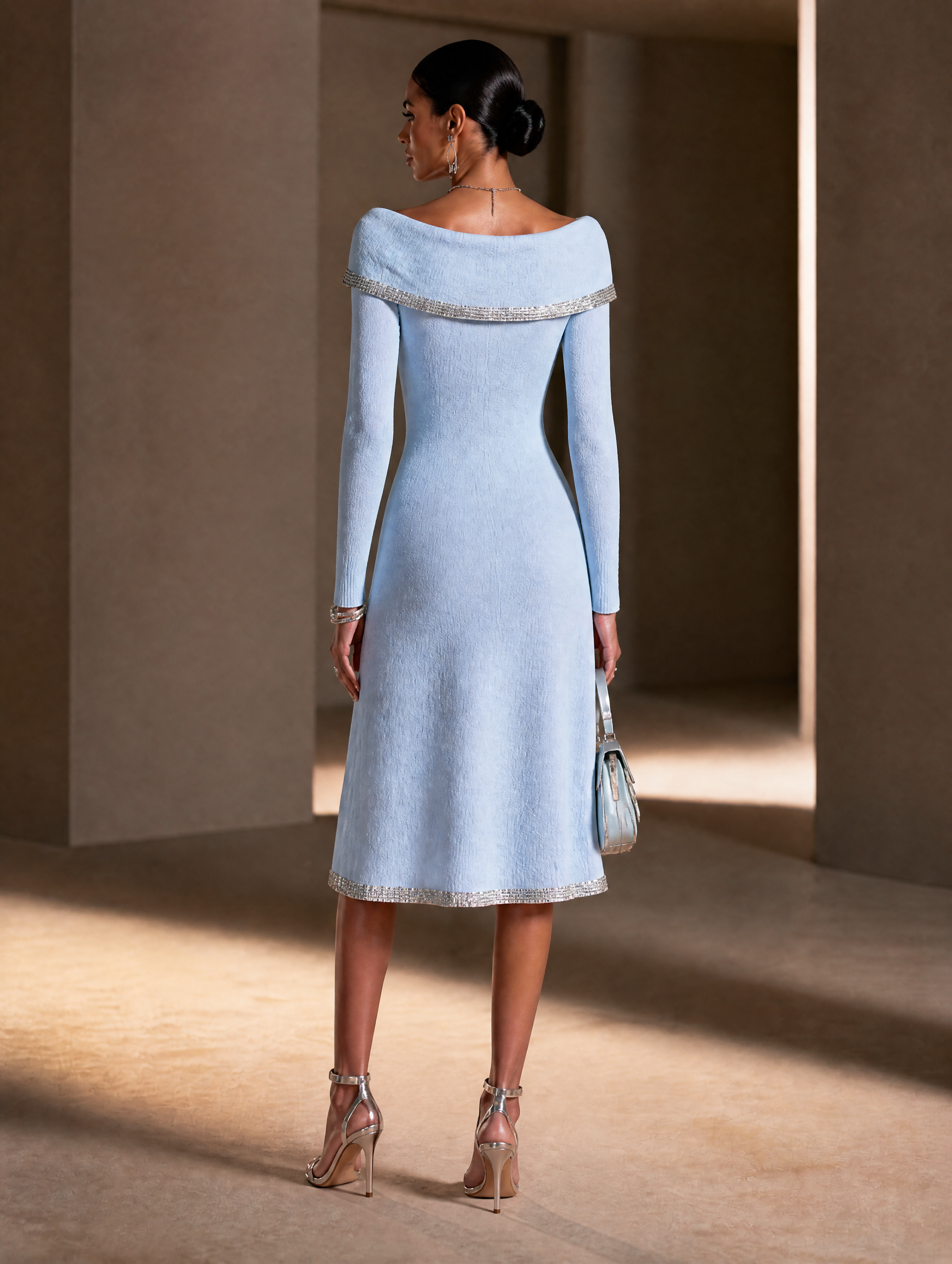 Women's Sequin Trim Elegant Knit Off-Shoulder Midi Dress MDZ2705H0GMJ