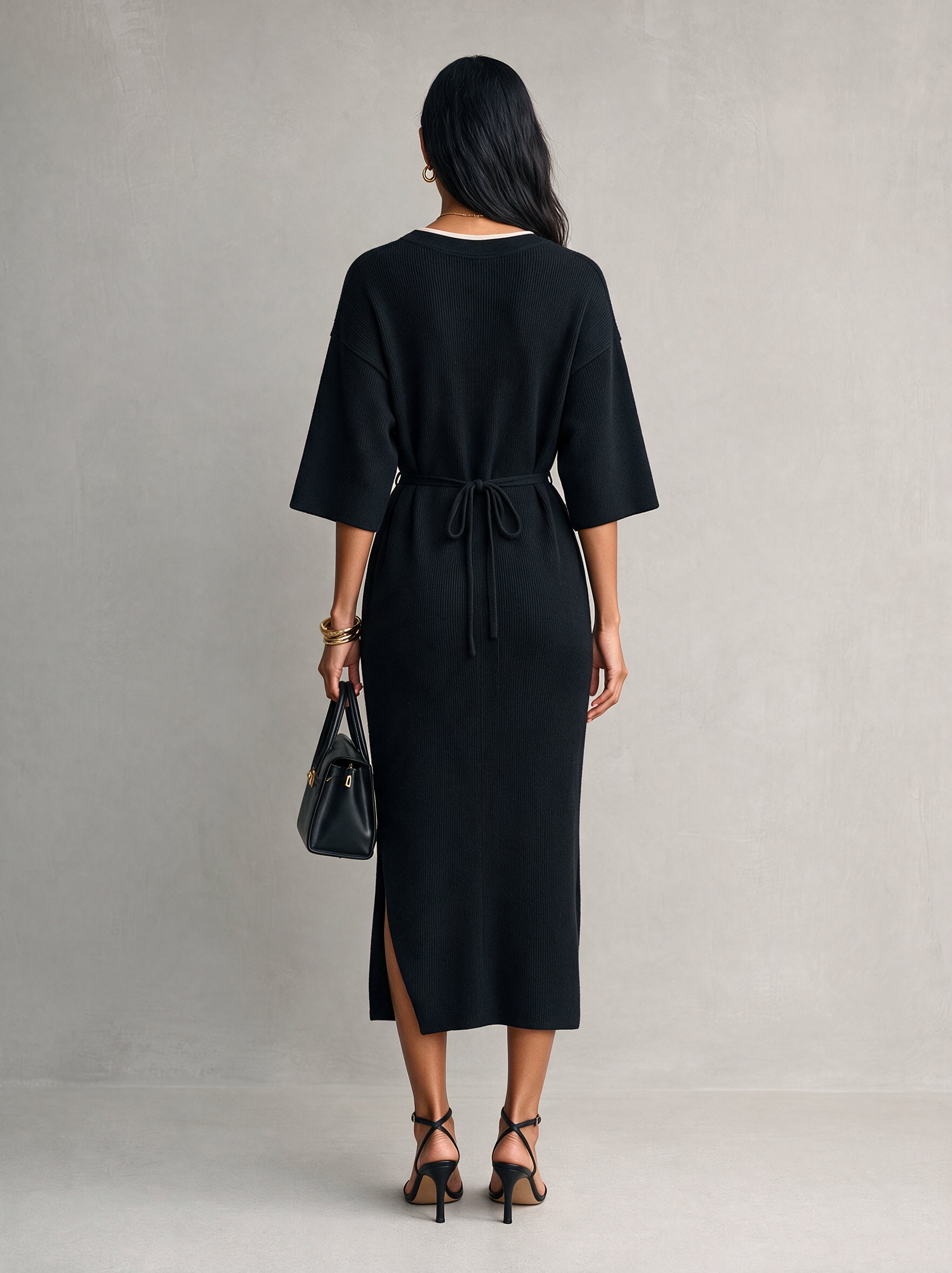 Women's Casual Black Knit V-Neck Mid-Sleeve Maxi Dress MDZ2752H5LXY