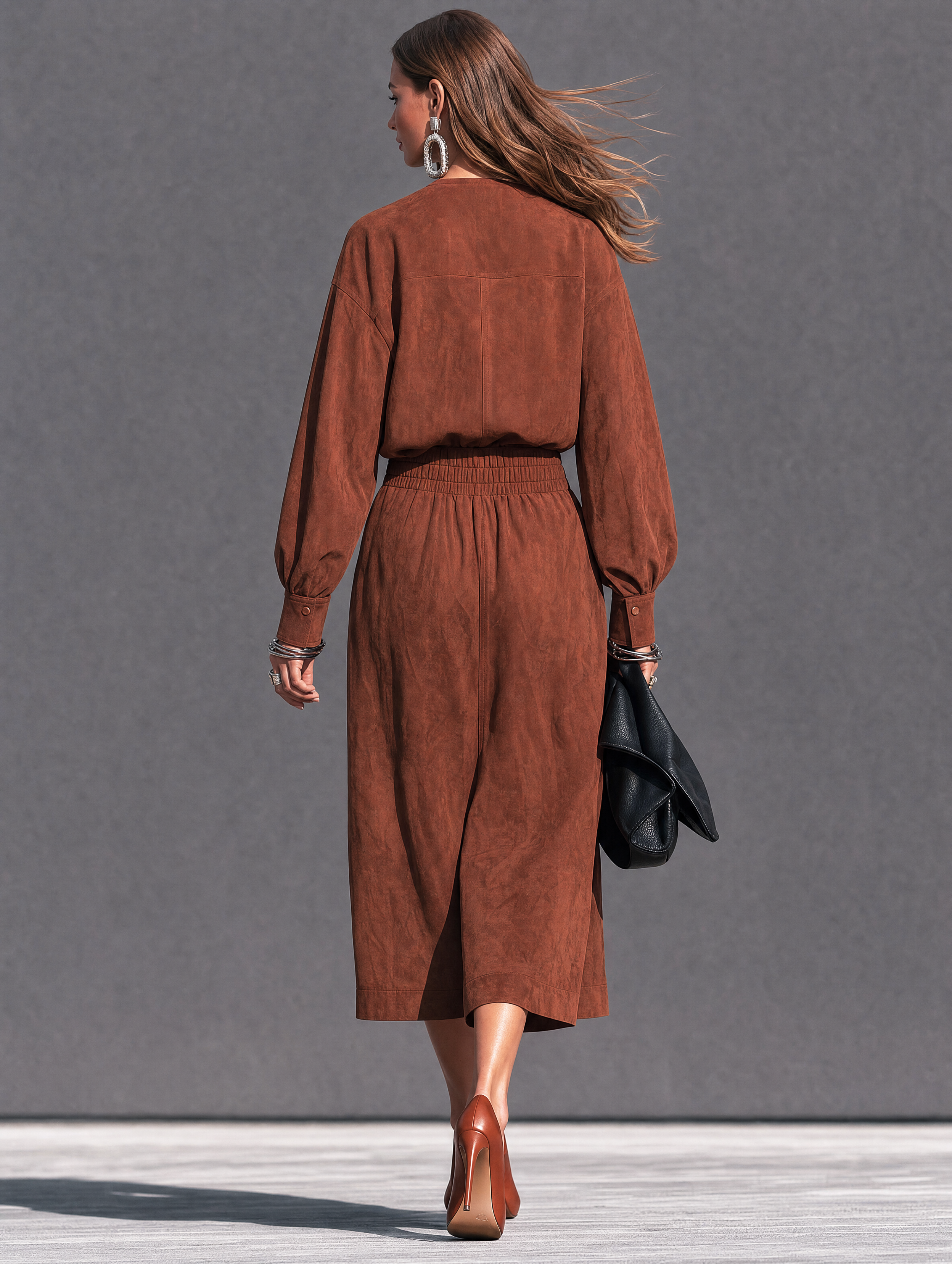 Women's Casual Reddish-Brown Suede Long-Sleeve Jumpsuit (Faux-Layered Style) MDZ2773H1LXY