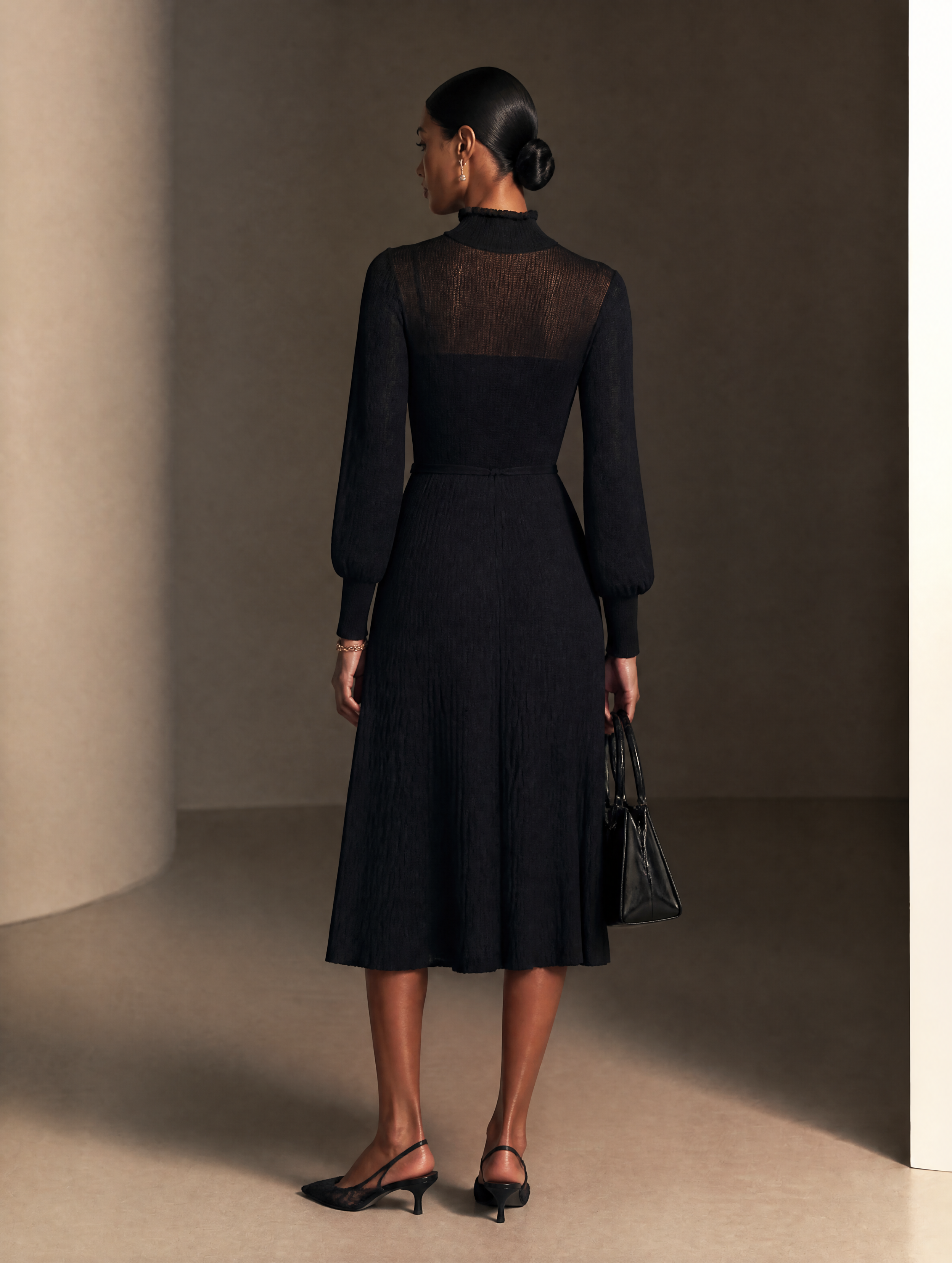 Women's Sheer Yoke Elegant Knit Mock Neck Midi Dress MDZ2791H5GMJ