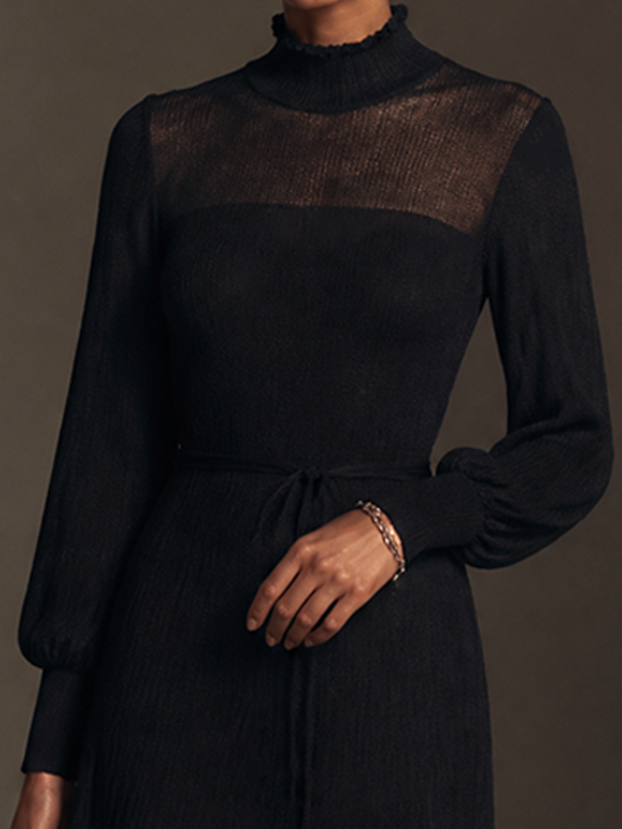 Women's Sheer Yoke Elegant Knit Mock Neck Midi Dress MDZ2791H5GMJ