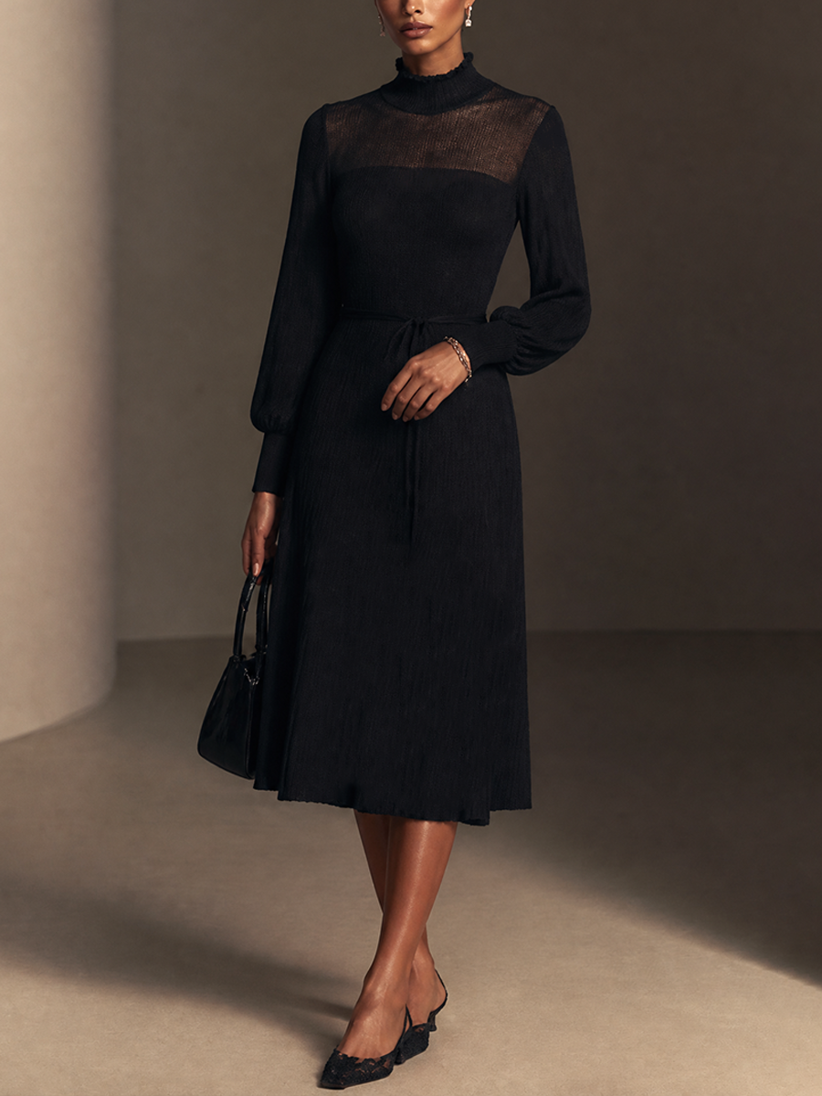 Women's Sheer Yoke Elegant Knit Mock Neck Midi Dress MDZ2791H5GMJ
