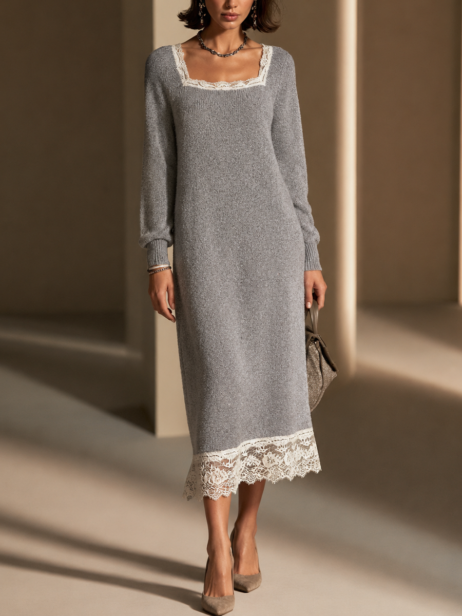 Women's Contrast Lace Elegant Knit Square Neck Midi Dress MDZ2719H2GMJ