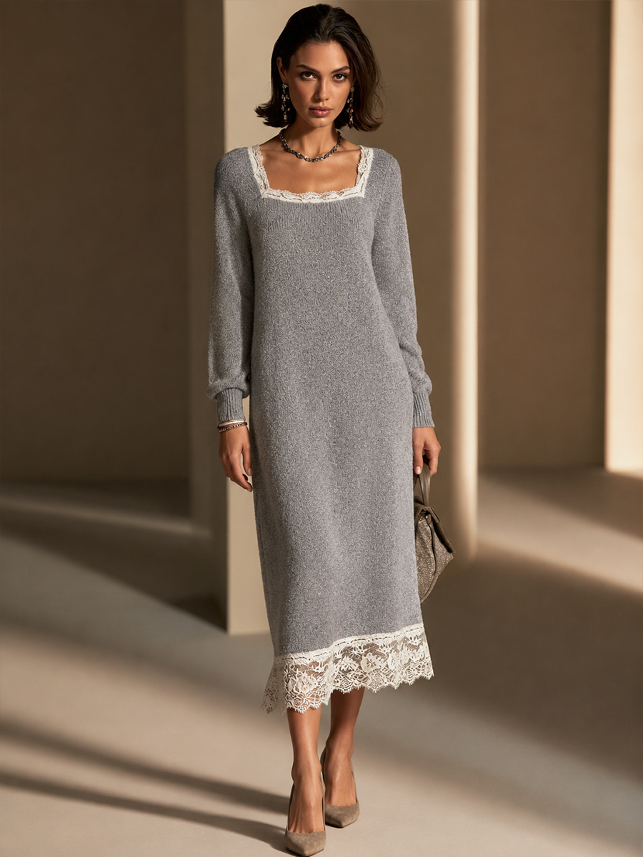 Women's Contrast Lace Elegant Knit Square Neck Midi Dress MDZ2719H2GMJ