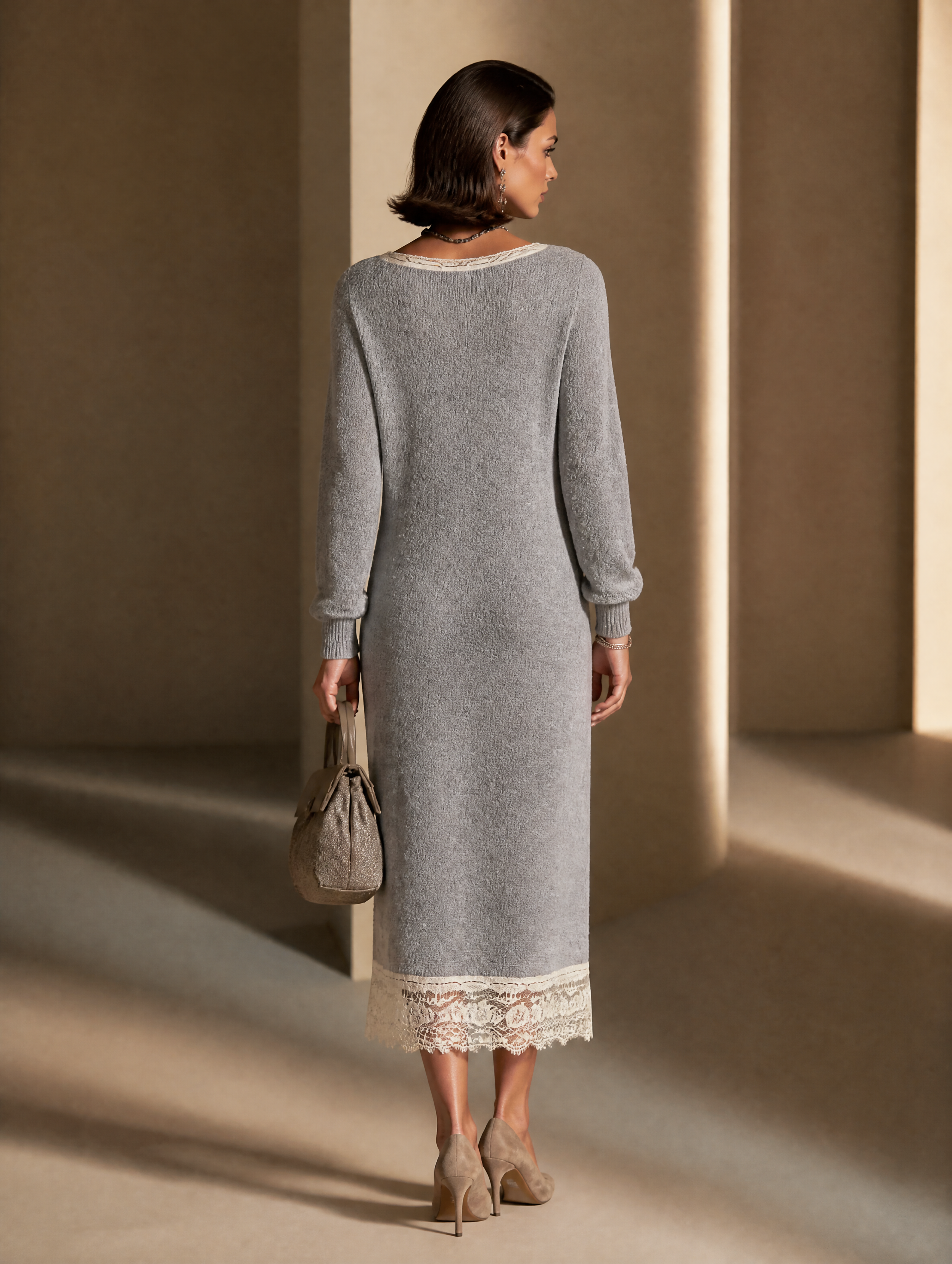 Women's Contrast Lace Elegant Knit Square Neck Midi Dress MDZ2719H2GMJ