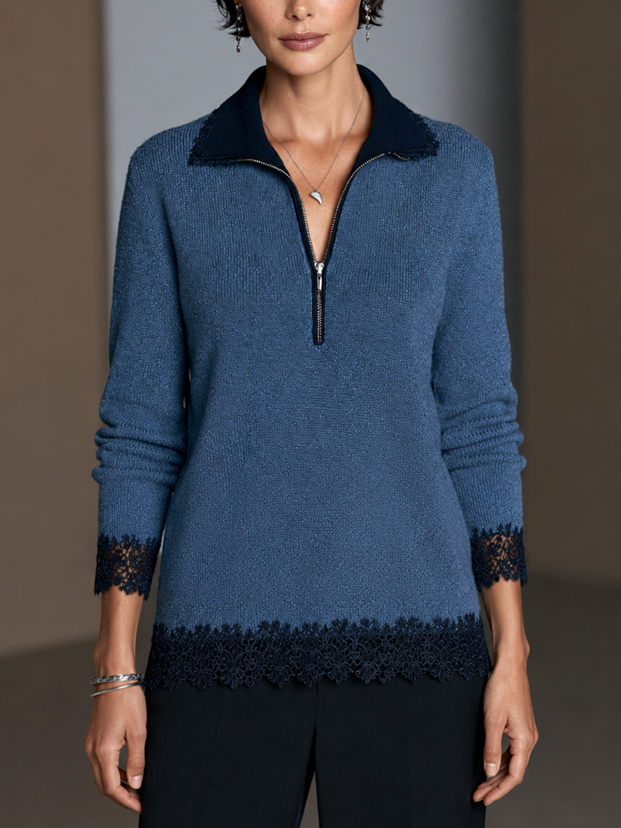 Women's Contrast Lace Elegant Half-Zip Long-Sleeve Top MDZ2706H4GMJ