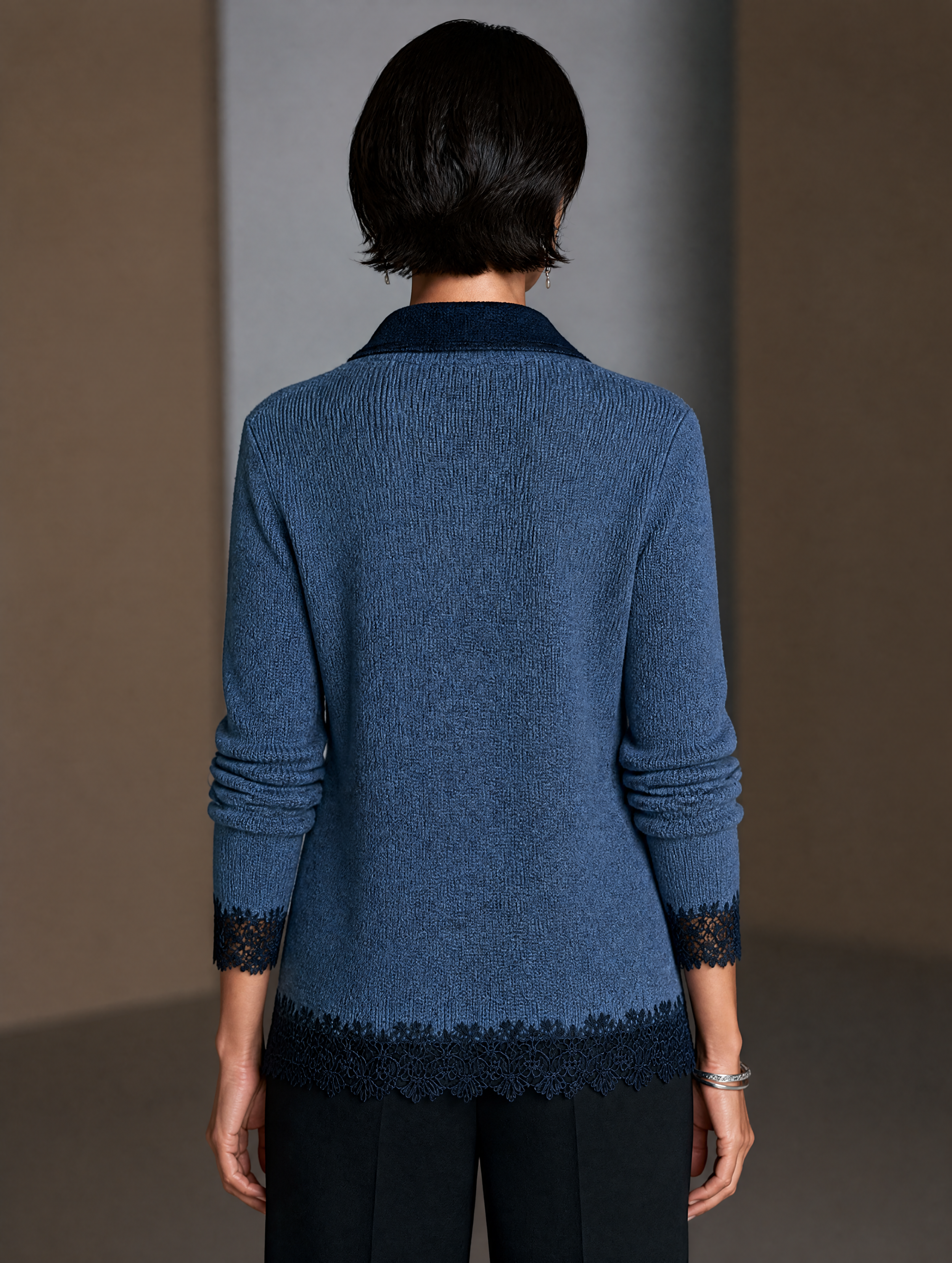 Women's Contrast Lace Elegant Half-Zip Long-Sleeve Top MDZ2706H4GMJ