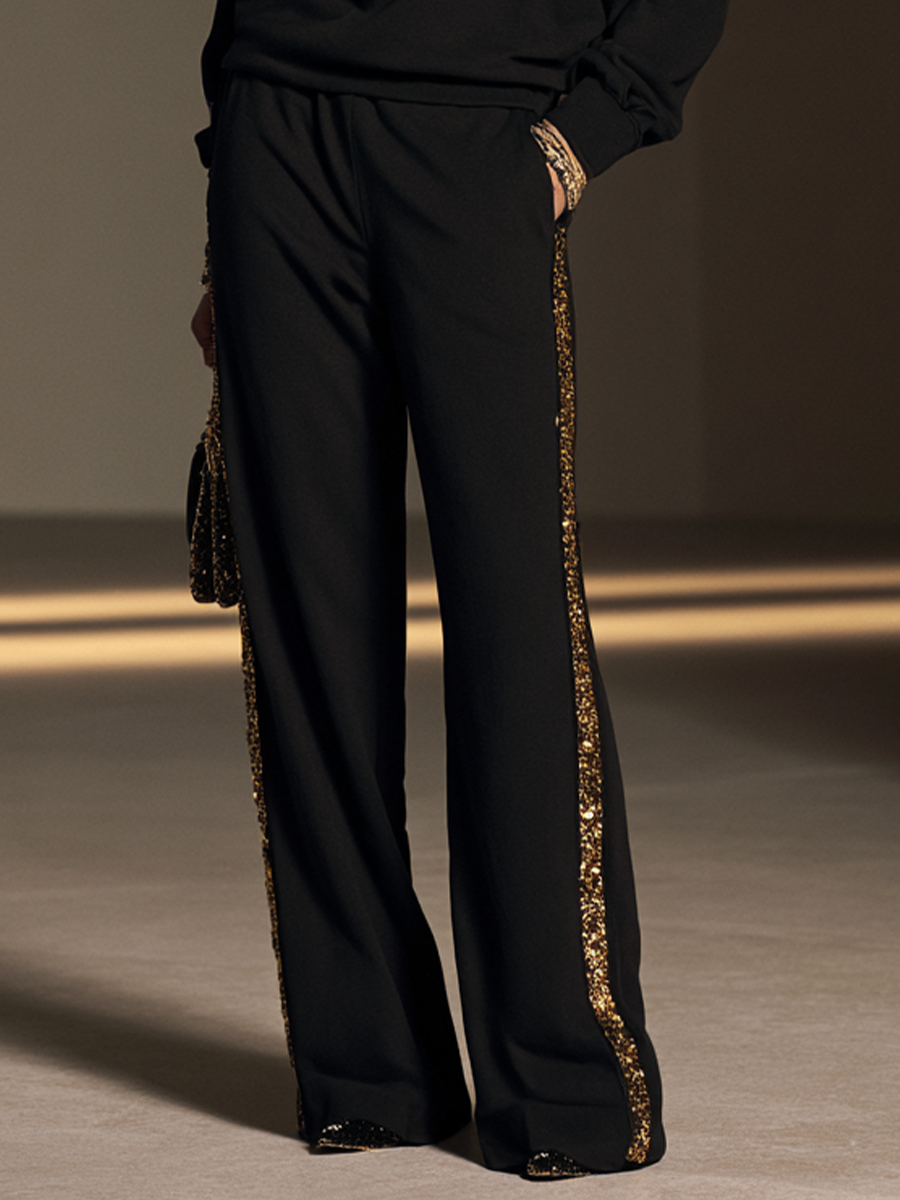 Women's Sequin Trim Elegant Round Neck Wide-Leg Pants Set MDZ2749H3GMJ
