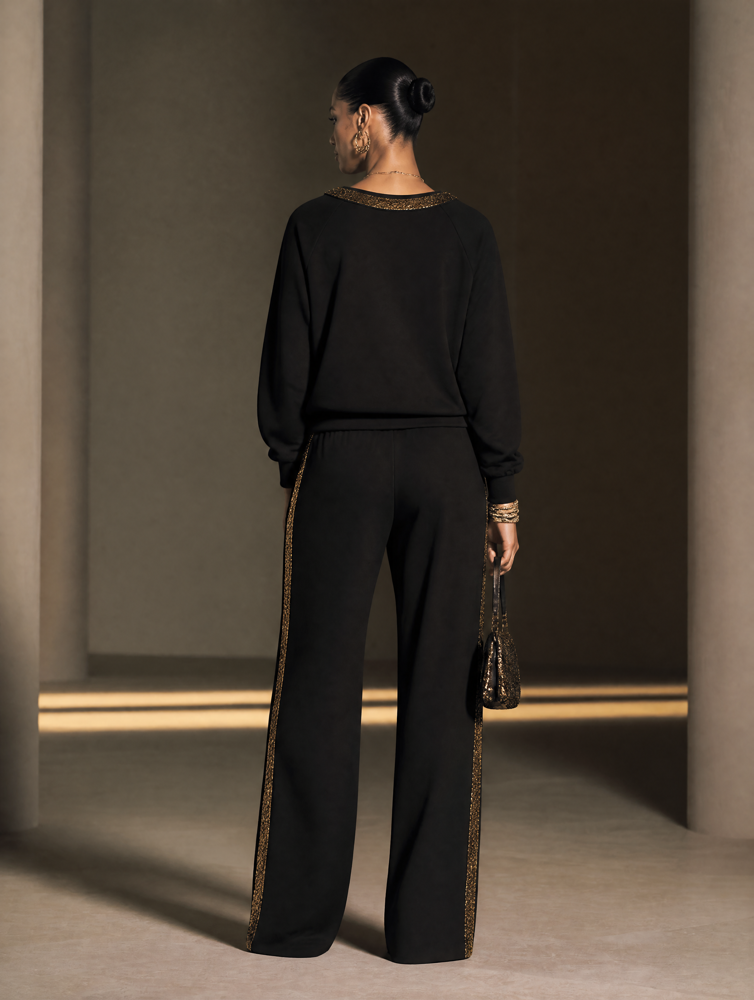 Women's Sequin Trim Elegant Round Neck Wide-Leg Pants Set MDZ2749H3GMJ