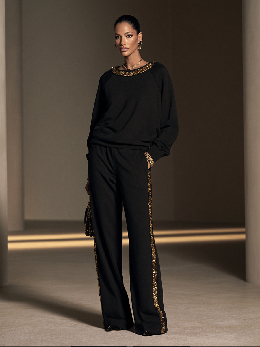 Women's Sequin Trim Elegant Round Neck Wide-Leg Pants Set MDZ2749H3GMJ