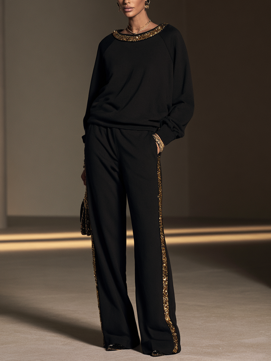 Women's Sequin Trim Elegant Round Neck Wide-Leg Pants Set MDZ2749H3GMJ