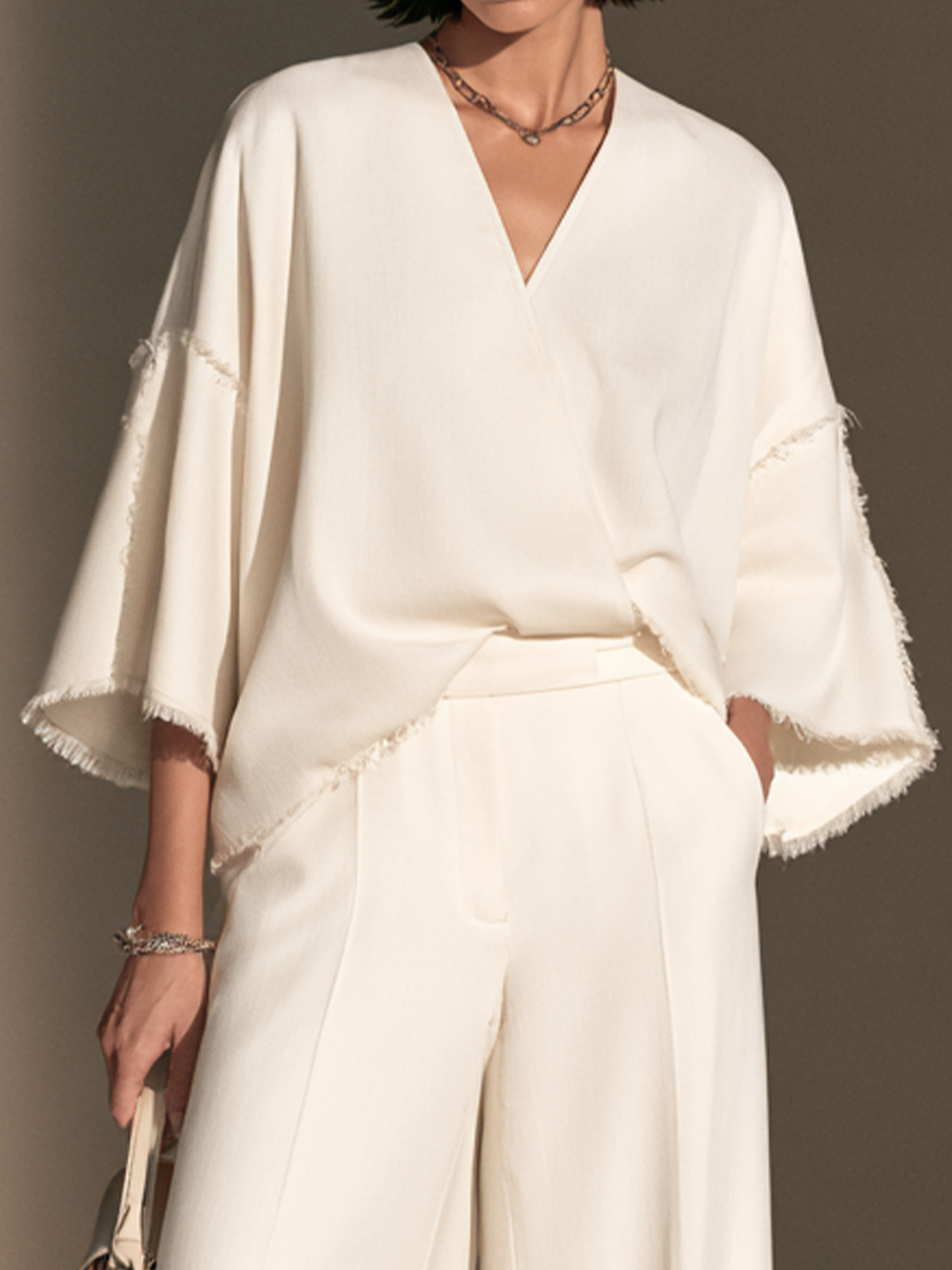 Women's Frayed Trim Elegant V-Neck Wide-Leg Pants Set MDZ2759H0GMJ
