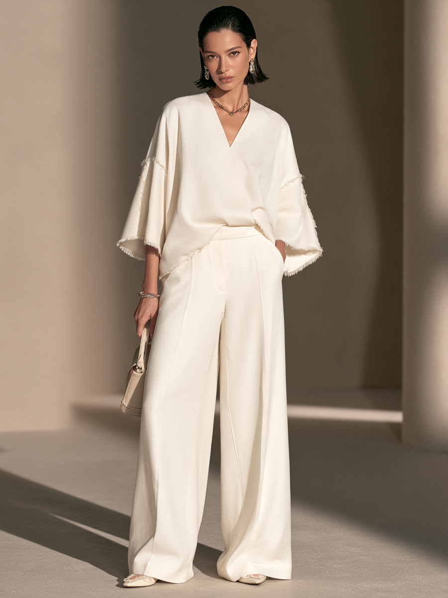 Women's Frayed Trim Elegant V-Neck Wide-Leg Pants Set MDZ2759H0GMJ