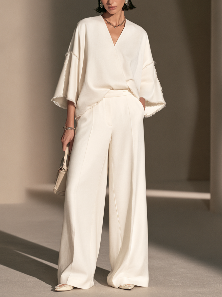 Women's Frayed Trim Elegant V-Neck Wide-Leg Pants Set MDZ2759H0GMJ