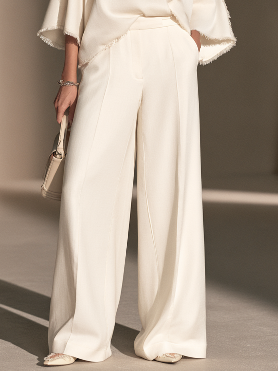 Women's Frayed Trim Elegant V-Neck Wide-Leg Pants Set MDZ2759H0GMJ