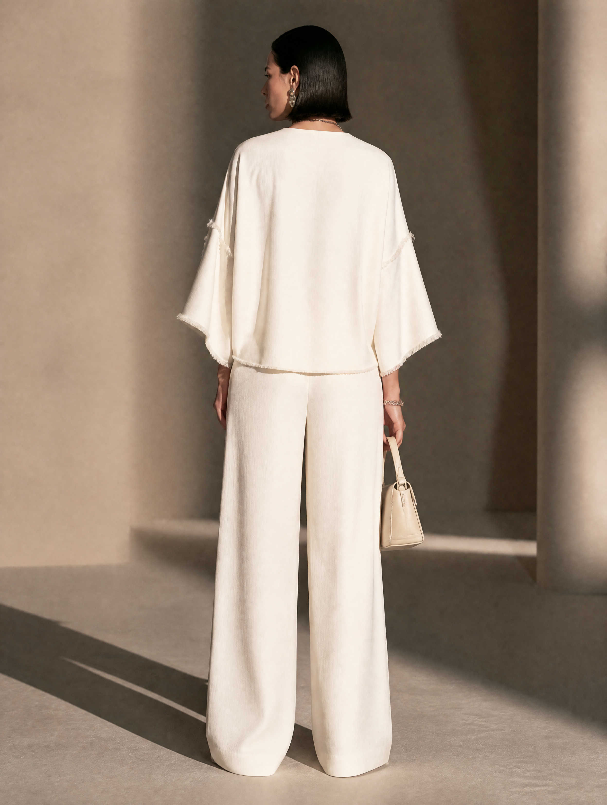 Women's Frayed Trim Elegant V-Neck Wide-Leg Pants Set MDZ2759H0GMJ