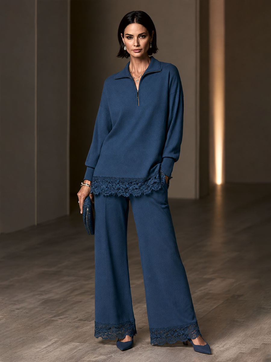 Women's Lace Trim Elegant Half-Zip Wide-Leg Pants Set MDZ2711H9GMJ
