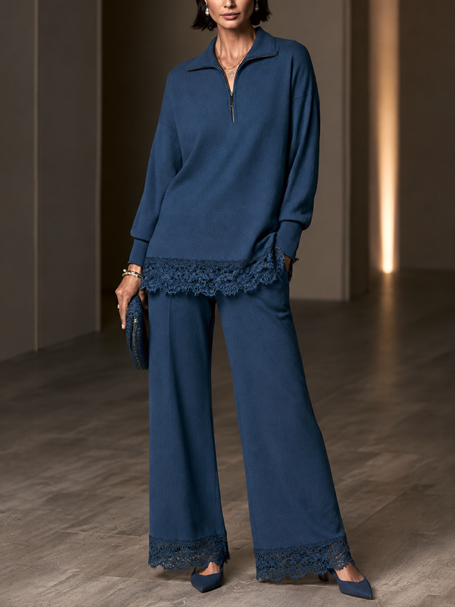 Women's Lace Trim Elegant Half-Zip Wide-Leg Pants Set MDZ2711H9GMJ