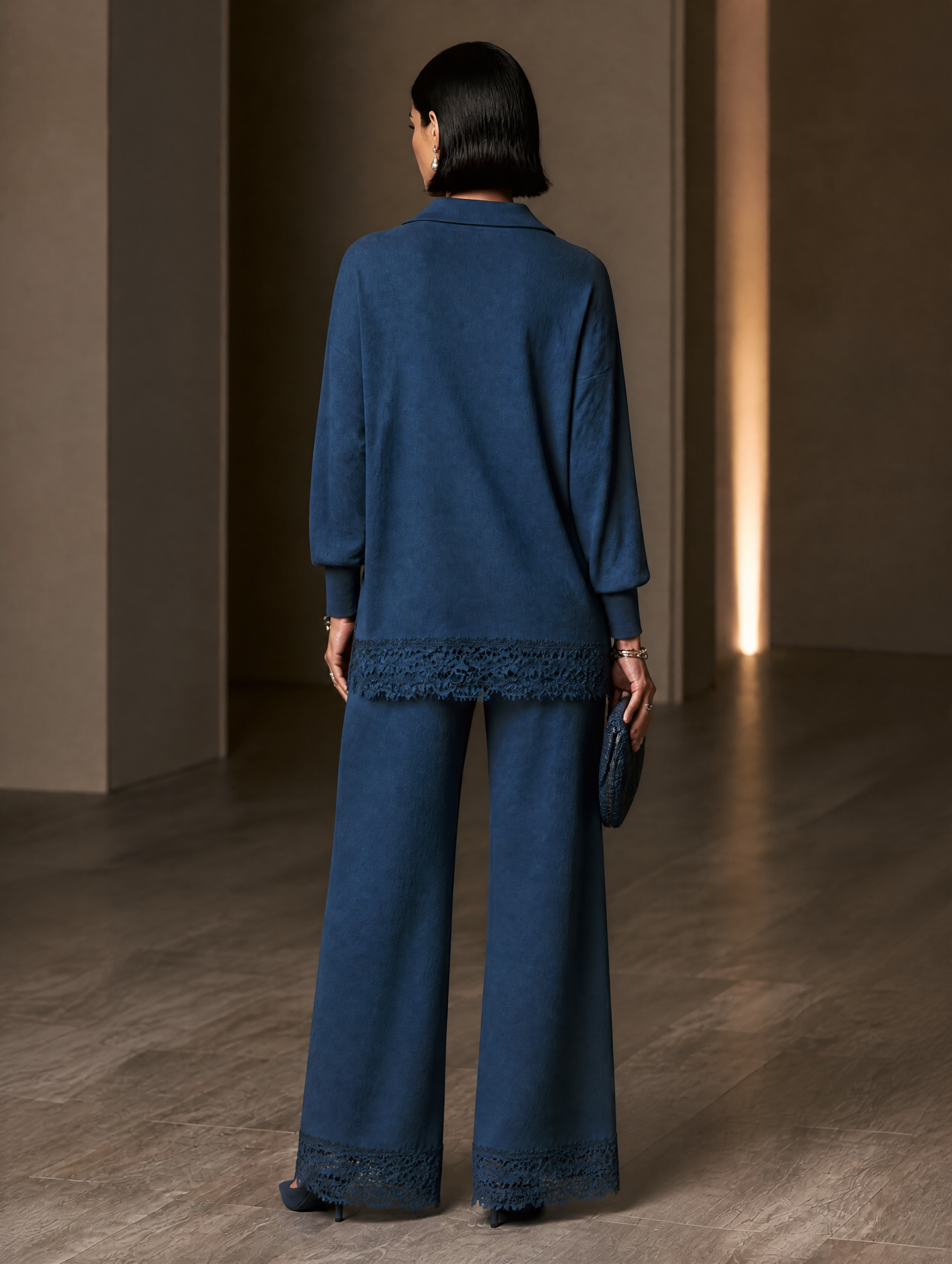 Women's Lace Trim Elegant Half-Zip Wide-Leg Pants Set MDZ2711H9GMJ