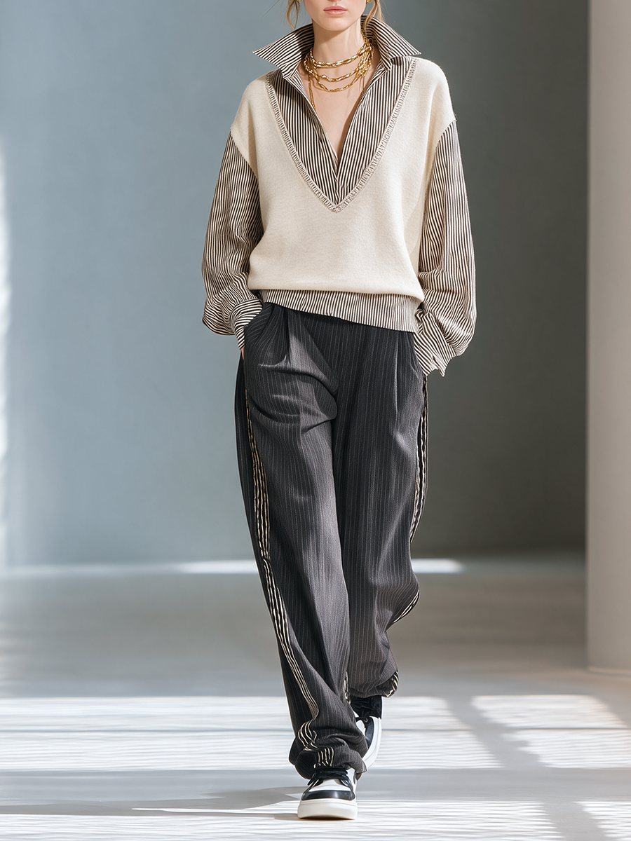 Women's Layered Striped-Shirt Knit Lapel Long-Sleeve Top And Striped Wide-Leg Pants Two-Piece Set MDZ2649H0CMX