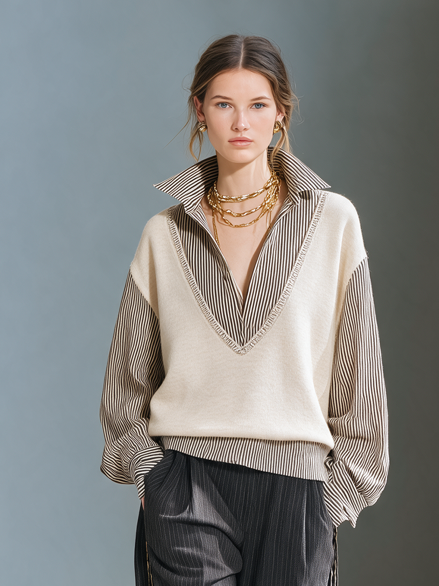 Women's Layered Striped-Shirt Knit Lapel Long-Sleeve Top And Striped Wide-Leg Pants Two-Piece Set MDZ2649H0CMX