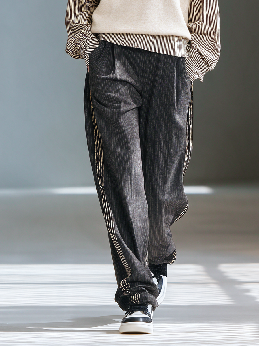 Women's Layered Striped-Shirt Knit Lapel Long-Sleeve Top And Striped Wide-Leg Pants Two-Piece Set MDZ2649H0CMX
