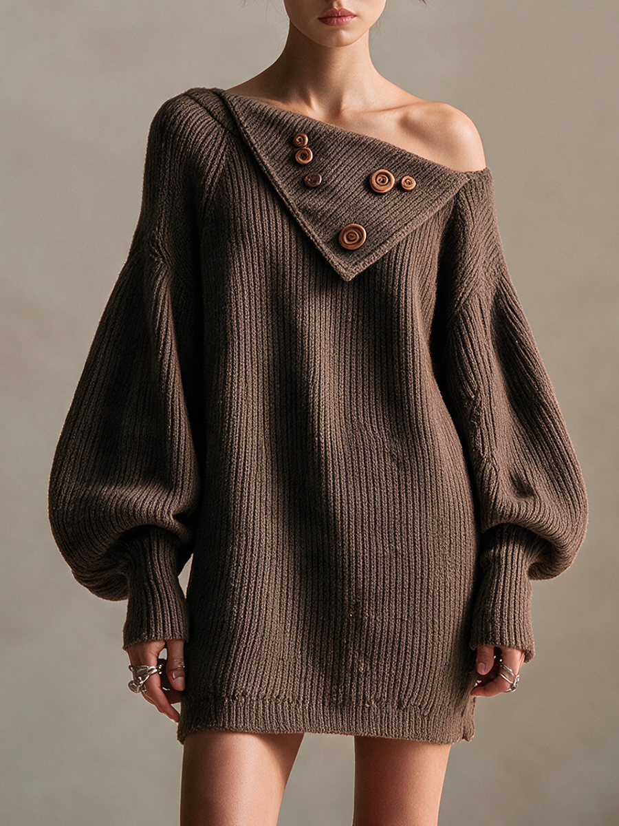 Women's Asymmetric Foldover Wooden-Button Drop-Shoulder Balloon-Sleeve Relaxed Wool-Knit Mini Dress MDZ2634H5CMX