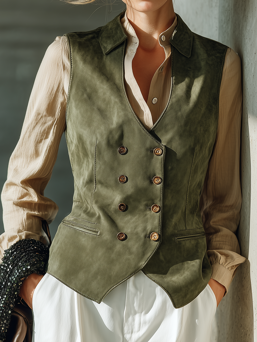 Women's Notched Lapel Double Breasted Olive Vest MDZ2805H2YZJ