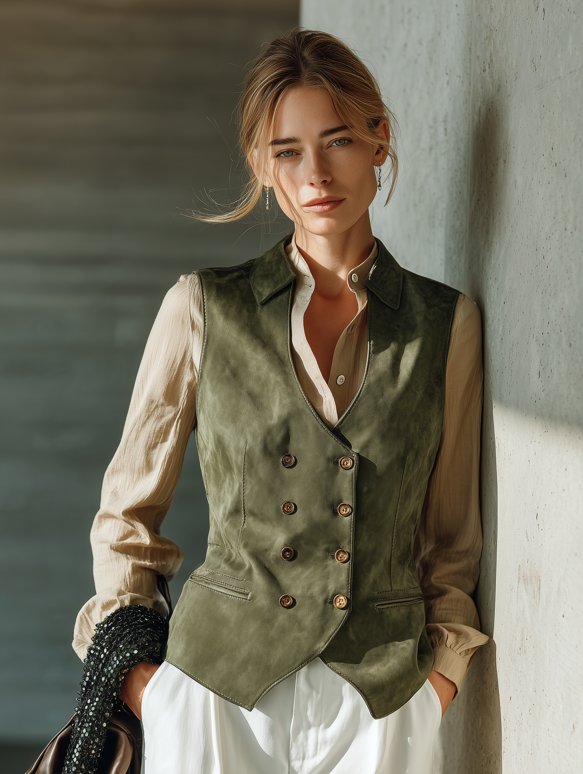 Women's Notched Lapel Double Breasted Olive Vest MDZ2805H2YZJ