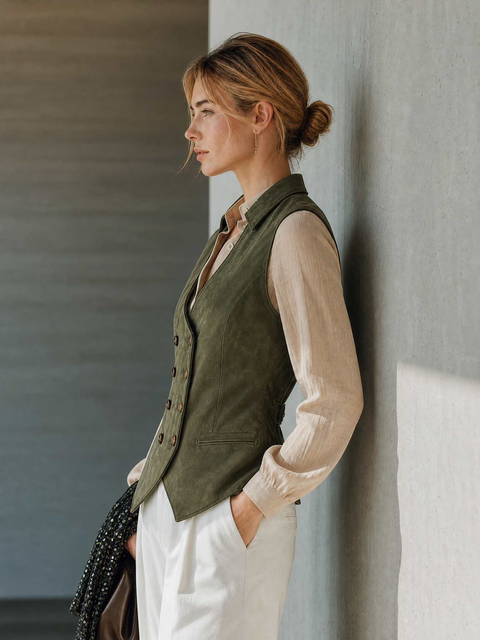Women's Notched Lapel Double Breasted Olive Vest MDZ2805H2YZJ