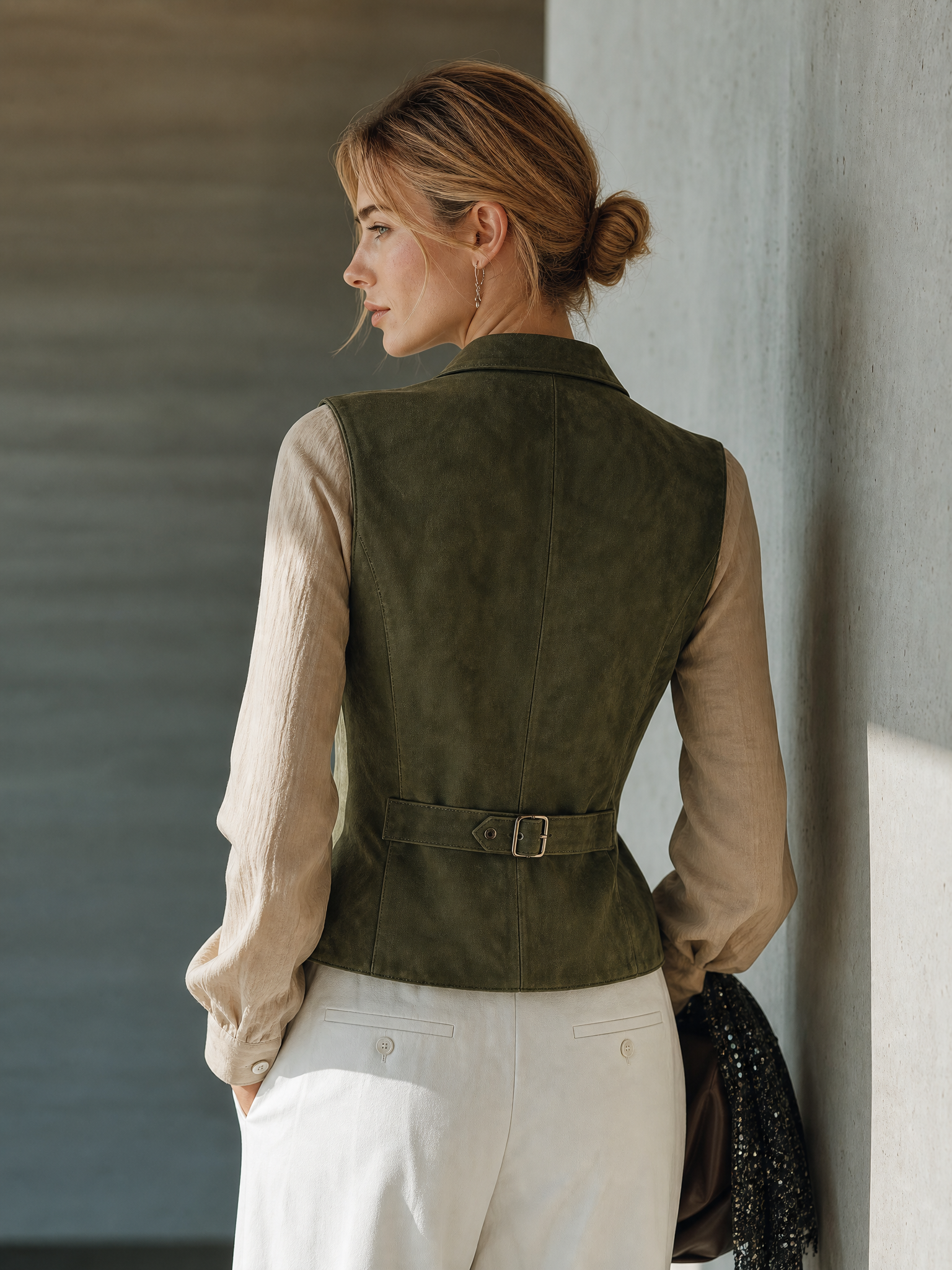 Women's Notched Lapel Double Breasted Olive Vest MDZ2805H2YZJ