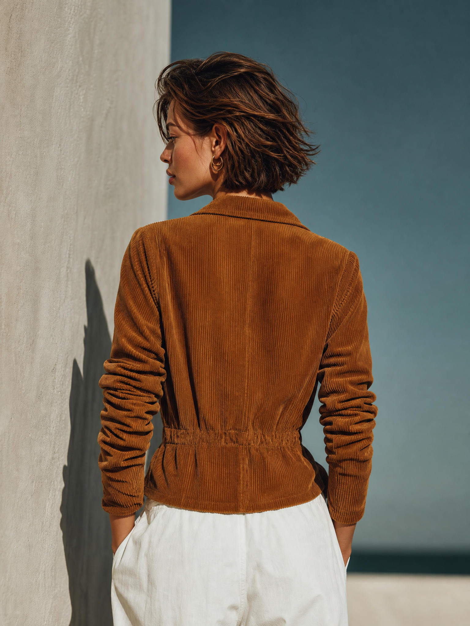 Women's Notched Lapel Corduroy Brown Tie Waist Jacket MDZ2859H0YZJ