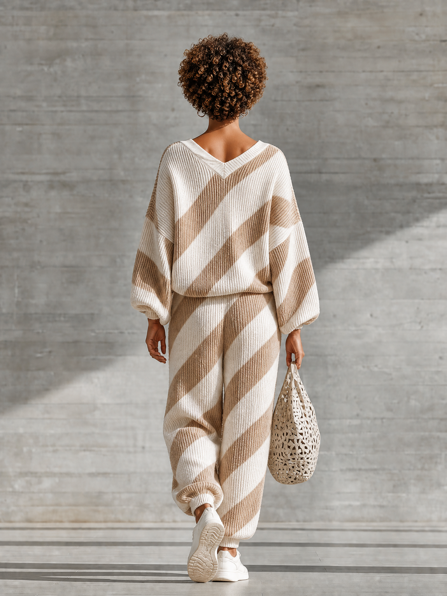 Women's V Neck Striped Pleated Cream Tracksuit Set MDZ2804H7YZJ
