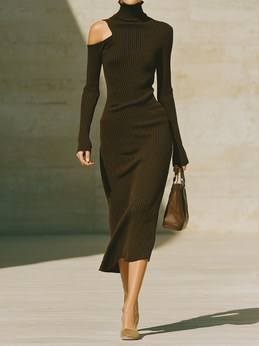 Women's Cold Shoulder Ribbed Dark Green Midi Dress MDZ2847H5YZJ