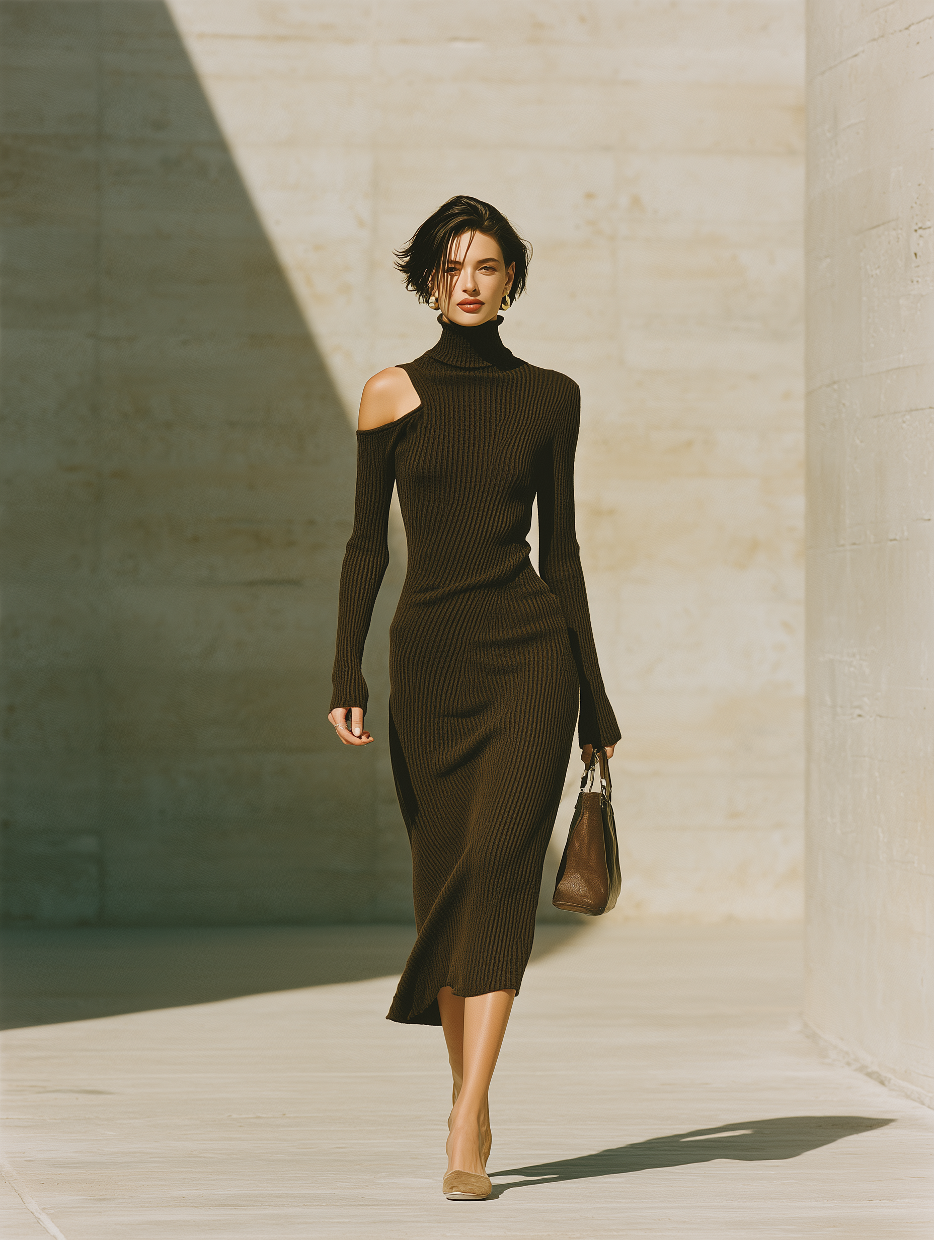 Women's Cold Shoulder Ribbed Dark Green Midi Dress MDZ2847H5YZJ