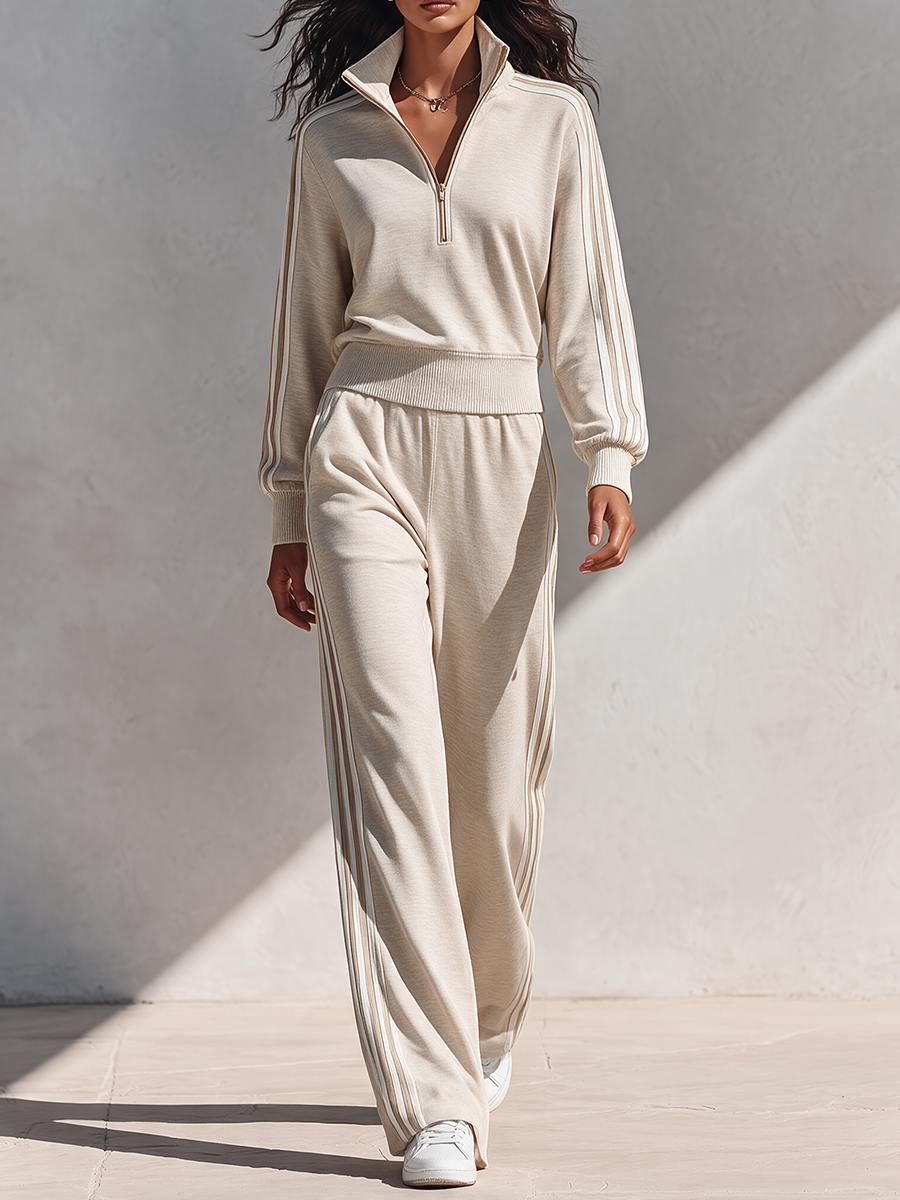 Women's Half-Zip Stand-Collar Knit Tracksuit With Side Stripes MDZ2819H0ZRK