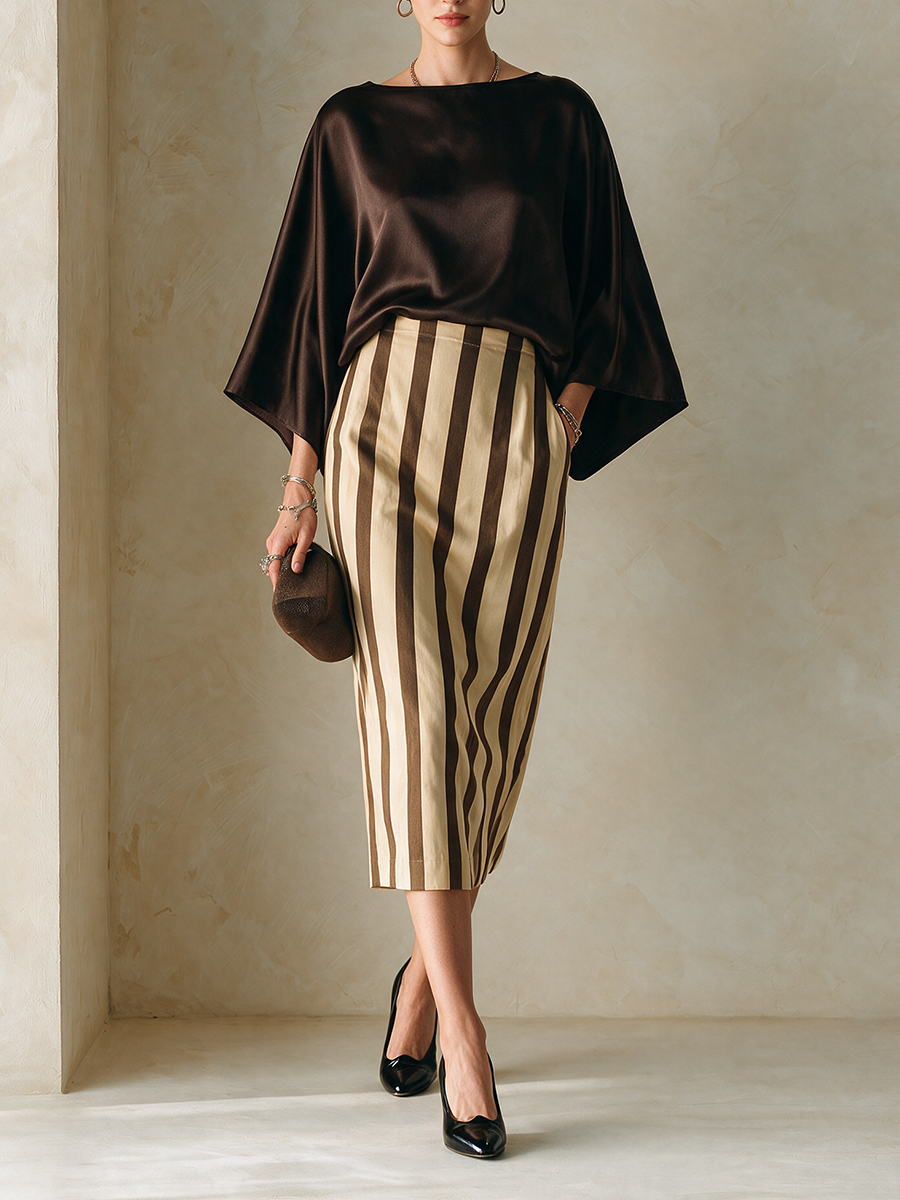 Women's Faux-Silk Striped Skirt Set With Batwing Sleeves MDZ2854H3ZRK