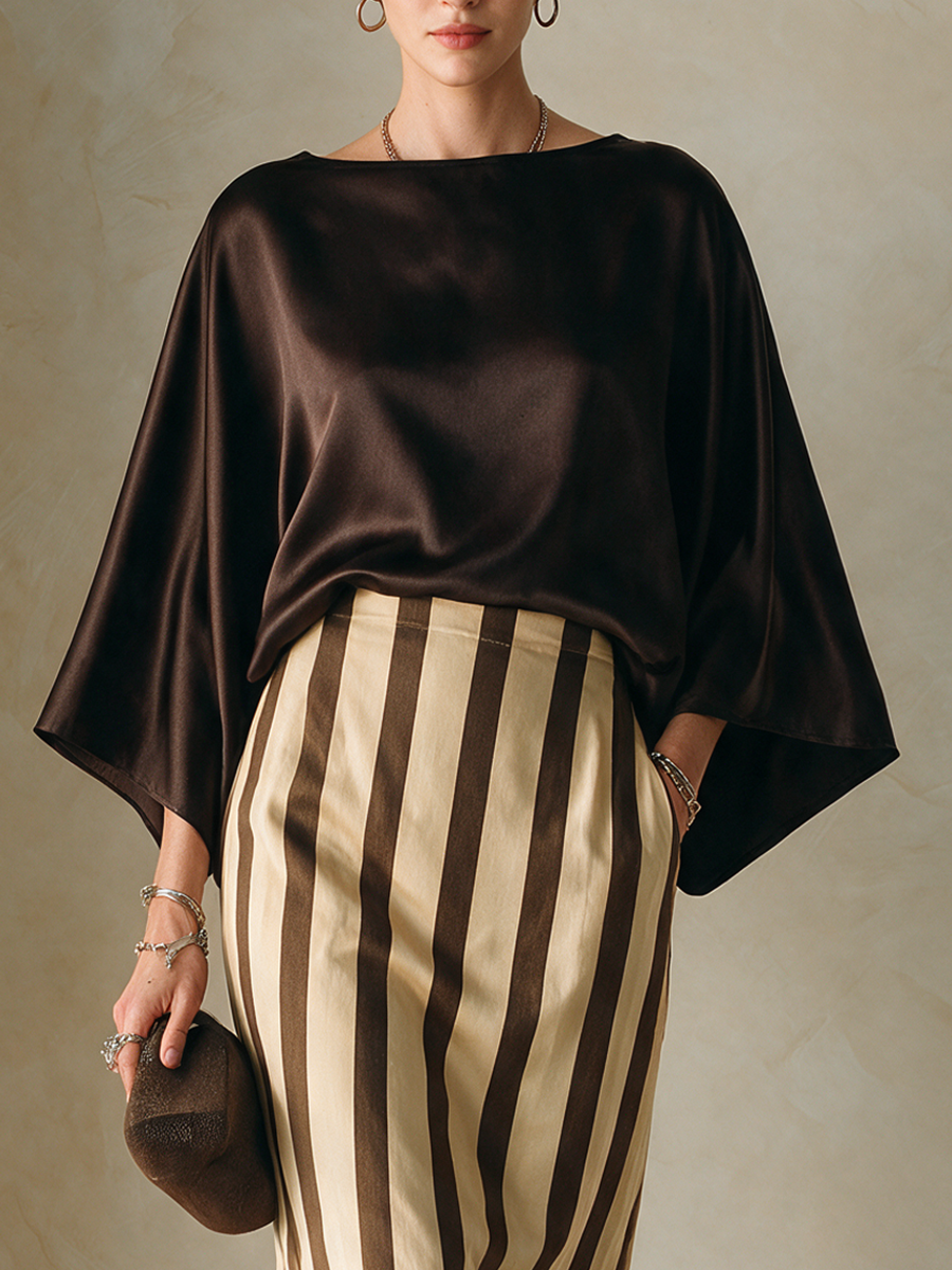 Women's Faux-Silk Striped Skirt Set With Batwing Sleeves MDZ2854H3ZRK